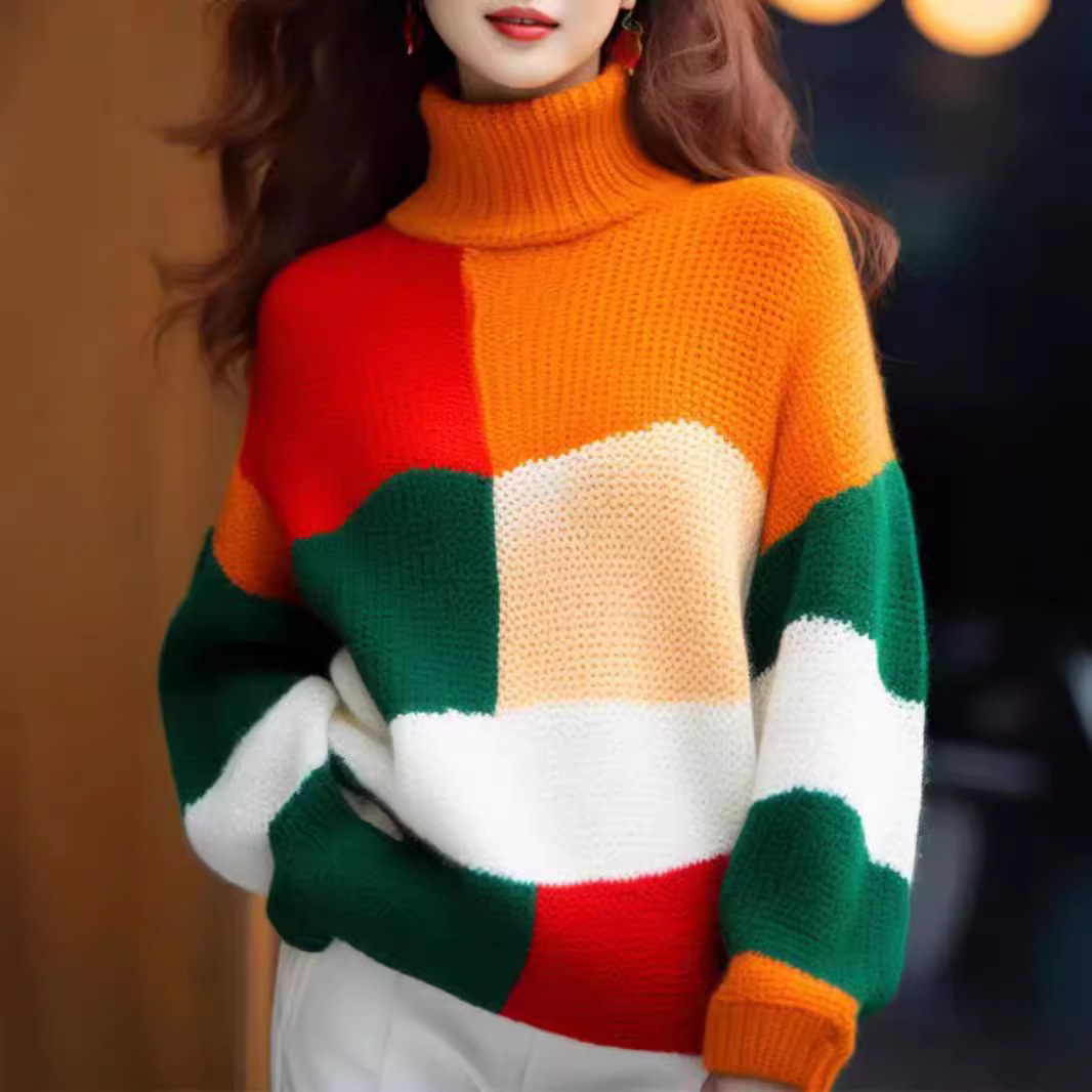 Cross-border Autumn and Winter New plus size Women's Knitwear Pullover High Collar Top Striped Color Contrast Thick Sweet and Gentle Style