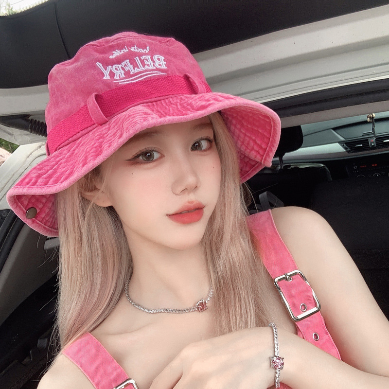 Picture of Japanese ins White Rose Pink Embroidered Fisherman Hat Children's Summer Sunshade Sunscreen Hat Outdoor Camping Hiking Hat
