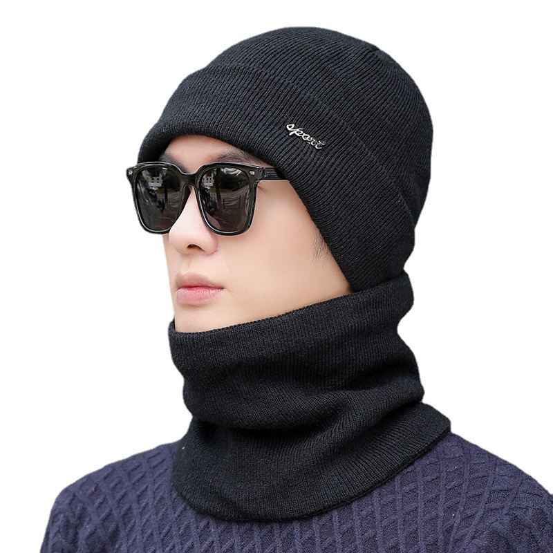 Picture of Knitted hat scarf kit men's winter outdoor leisure velvet ear protection wool cap tide solid color warm pile cap
