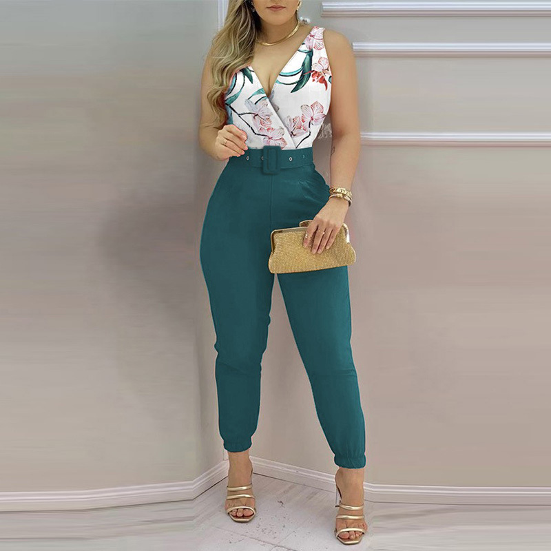Picture of Spring and summer 2022 new independent station Europe and the United States cross-border V-neck backless printed high waist jumpsuit women (including Belt)