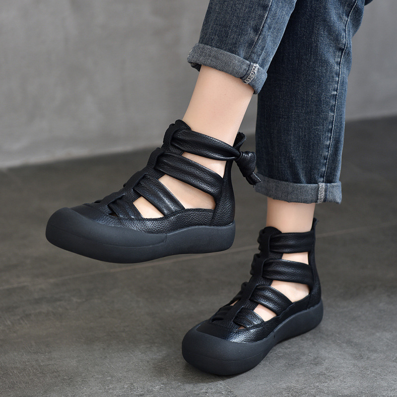 [Event Price 138] Roman Sandals Women's Baotou Flat Shoes Hollow Genuine Leather Sandals Back Zipper