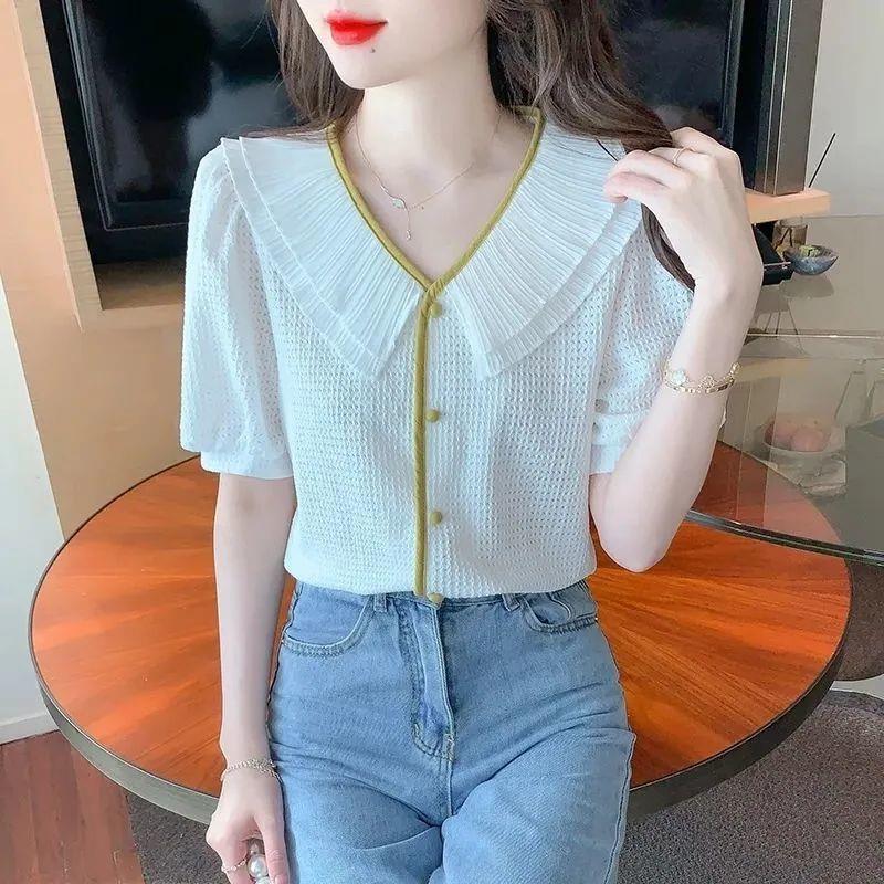 Doll collar solid color V-neck shirt women's summer 2022 new fashion temperament shirt loose all-match short sleeve shirt