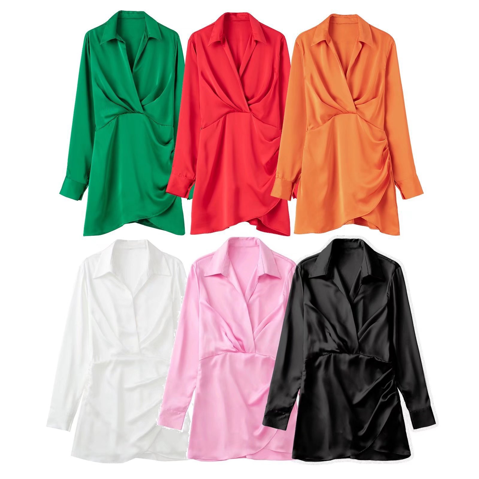 Foreign Trade Wholesale Summer New European and American Style Candy Color Lapel Silk Satin Texture Long-Sleeved Dress
