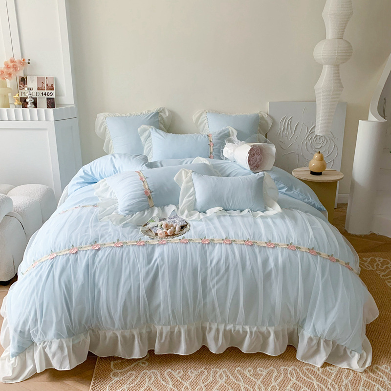 French Princess Style Water Wash Cotton Bedding Four-Piece Set Lace Quilt Cover Bed Sheet Romantic High-Level Bedding
