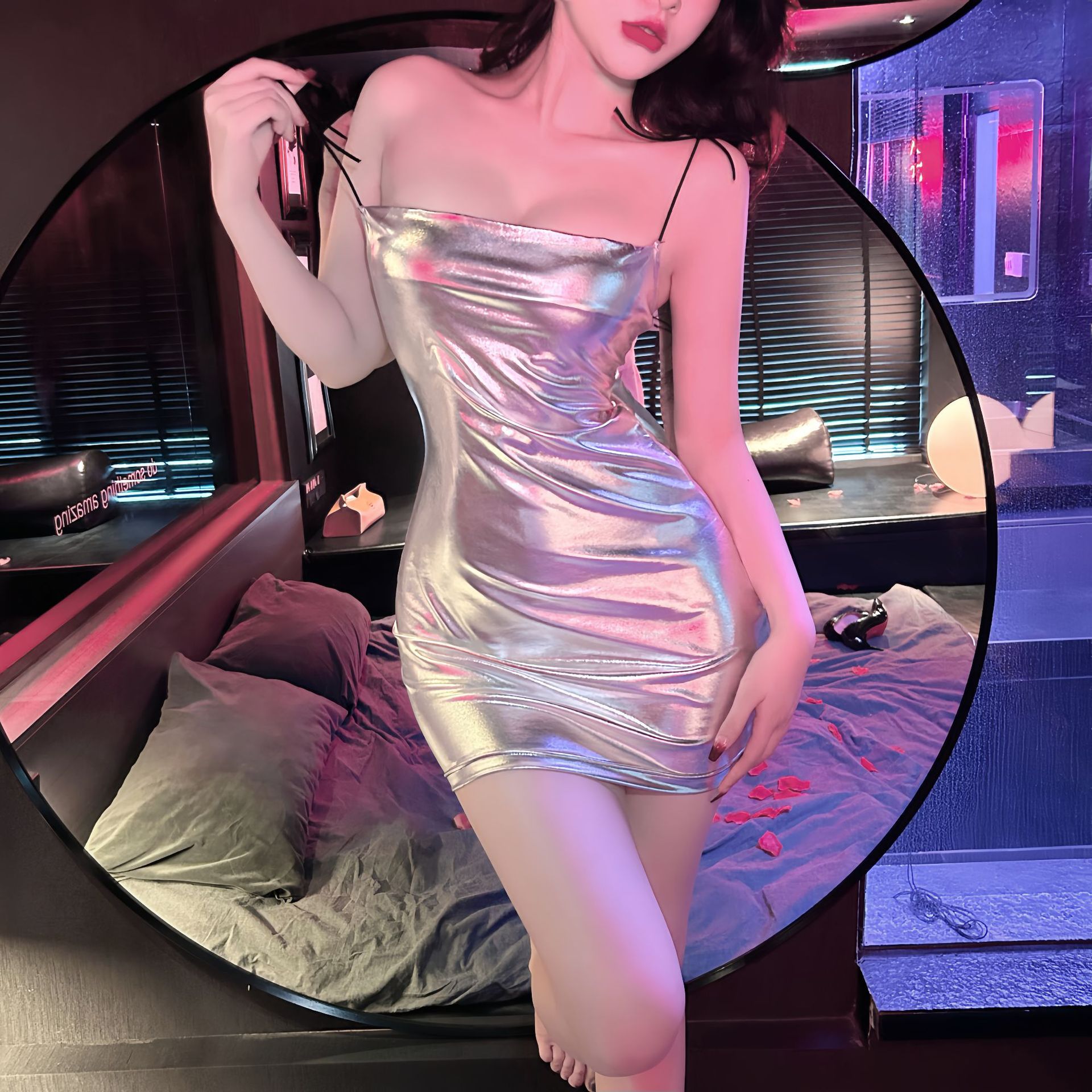 Sexy Underwear Pajamas Sexy Bright Leather Sling Skirt Uniform Night Shop Royal Sister Bag Arm Skirt Women's Home dress Dress