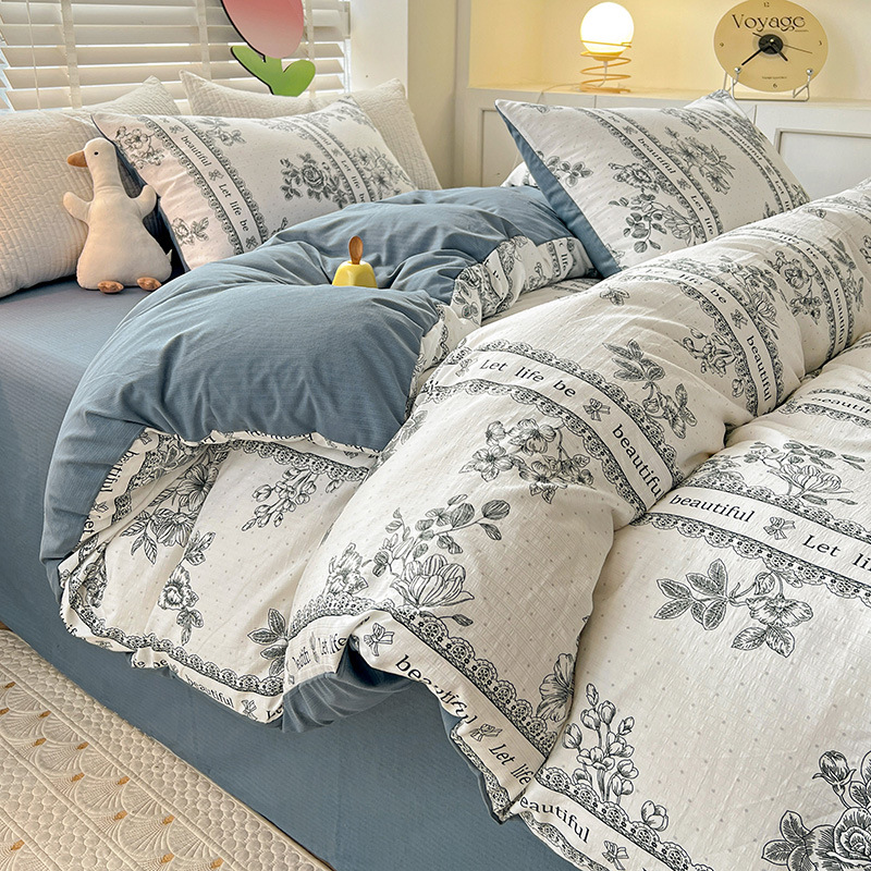Picture of Class A Maternal and Infant Grade Fresh Small Zhu Cotton Four-piece Set Washed Cotton Bed Sheet Quilt Cover Three-piece Set for Student Dormitory