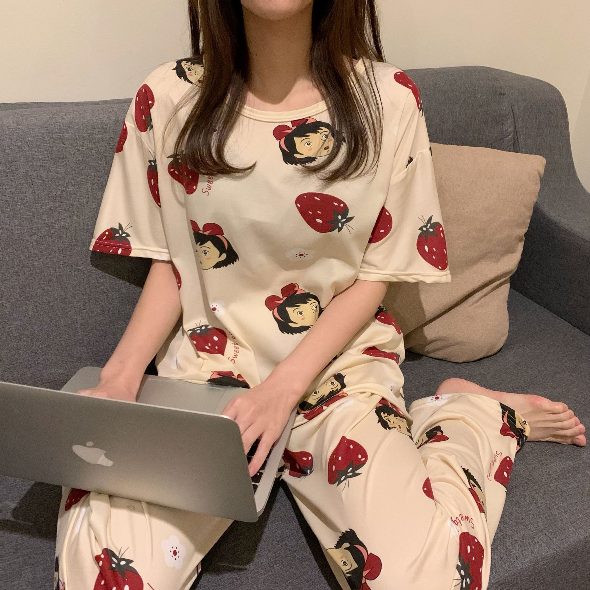 Picture of Pajamas Women's Spring and Autumn Summer Short-sleeved Trousers Large Size Loose Korean Style Fresh Cute Sweet Student Home Suit