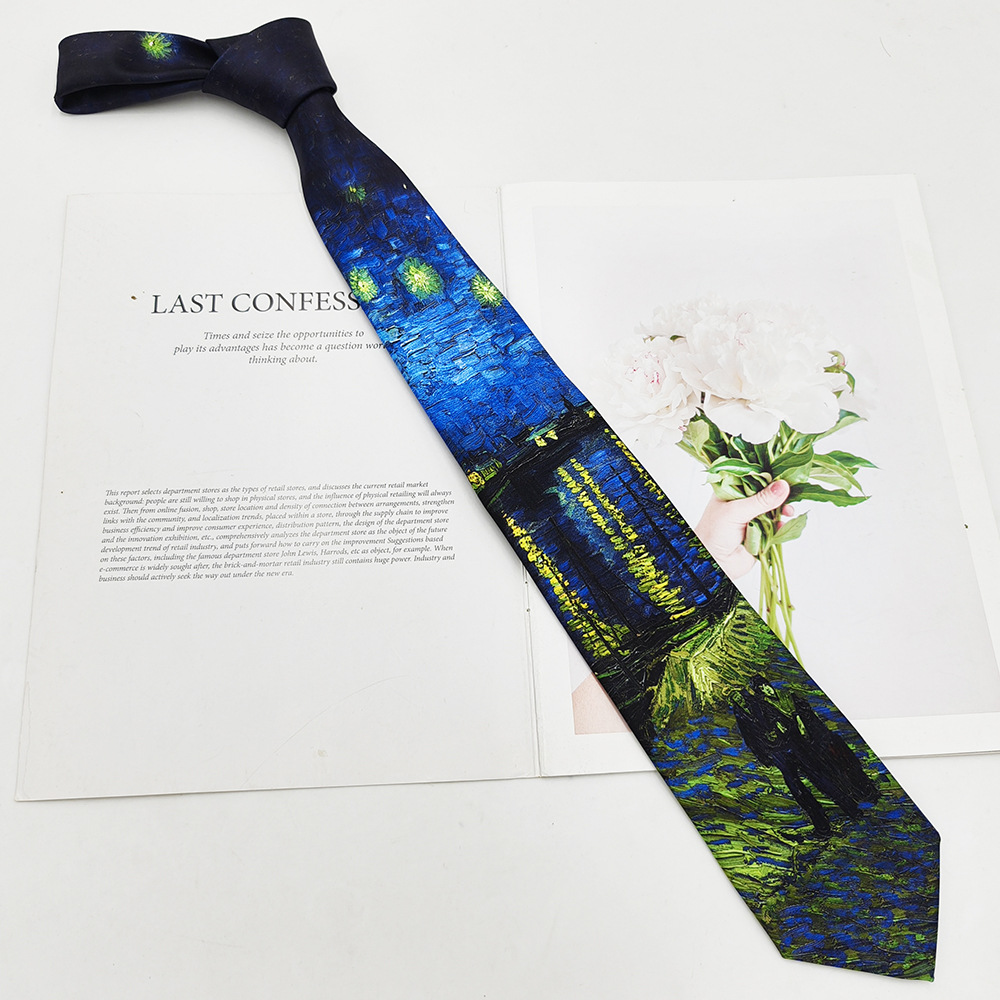 Picture of Van Gogh Oil Painting Men's Polyester Printed Vintage Tie Factory in stock Fashion Casual Tie Hand Tie 8cm