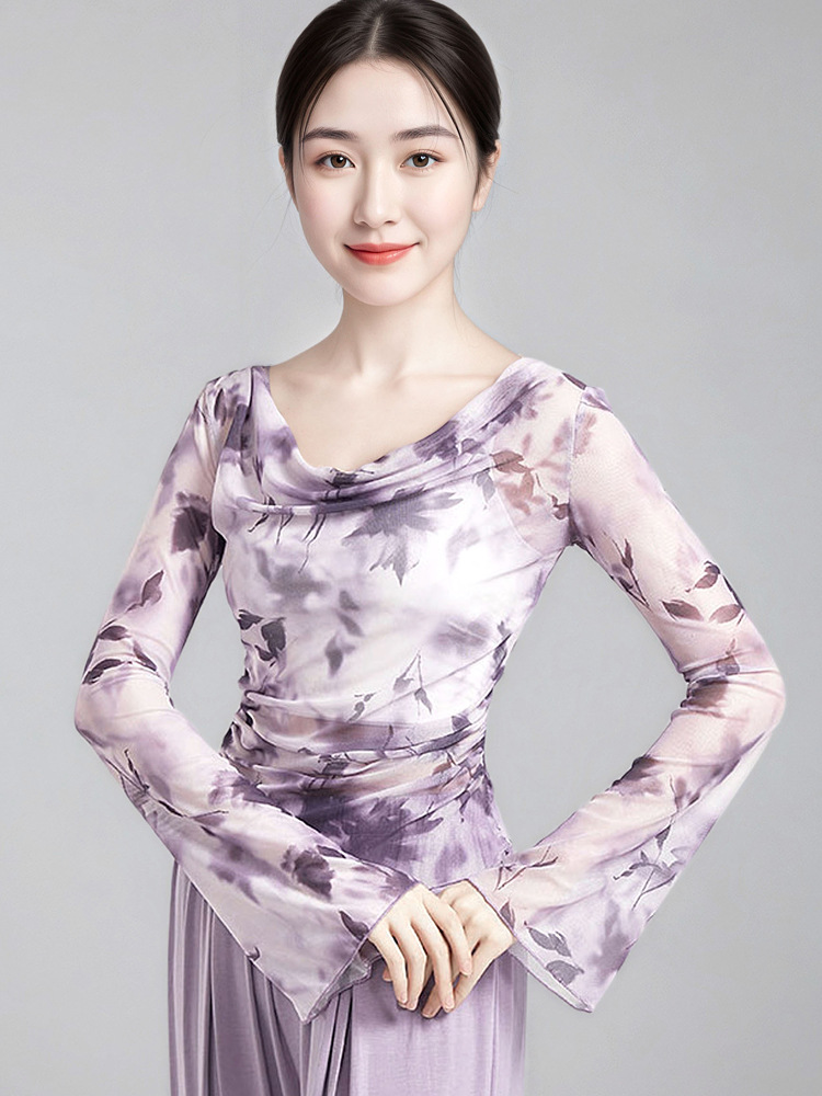 Classical dance gauze dress, women's long sleeves, flared sleeves, printed collar tops, modern Chinese dance practice performances, body rhyme clothes