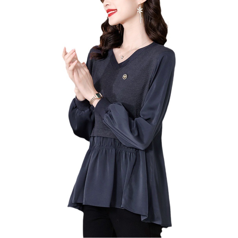Real Shot of 2025 Faux Two-Piece Plus-Size Women's Shirt, New Autumn Style, Loose and Slimming Base Shirt for Mothers, Small Shirt for Women