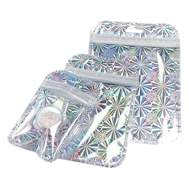 Spot flash silver self-sealing bag translucent laser silver plastic bag hardware jewelry small packaging flash colorful bag