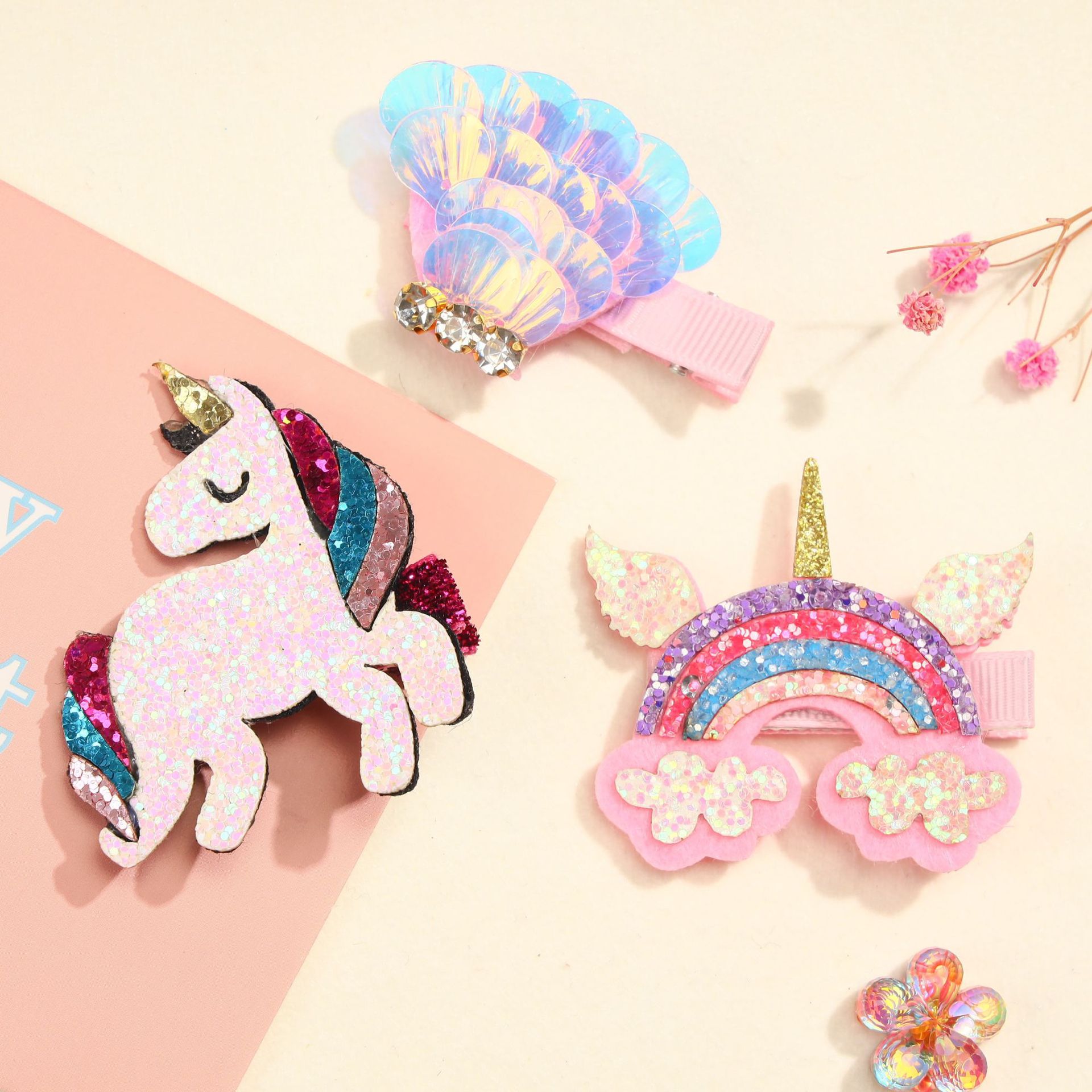 Picture of New Korean style unicorn hair clip with diamond crown children's hair clip ins sequins shell girl headdress