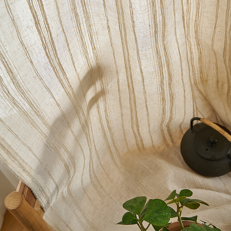 Picture of Japanese-style cotton linen transparent linen screen Japanese homestay style living room tea room striped cotton linen curtain gauze curtain