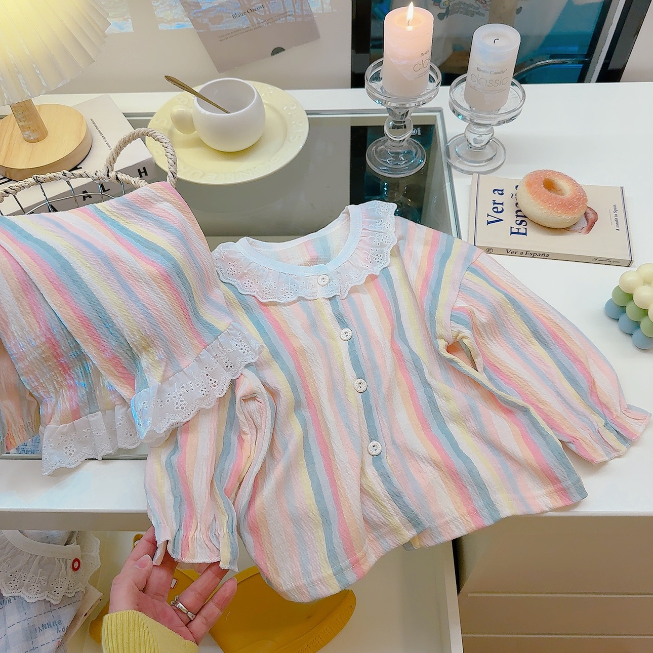 Picture of Children's Stretch Cotton Yarn suit Lace Baby Spring Cardigan Home Clothes Korean Style Cute Air-conditioning Clothes Pajamas