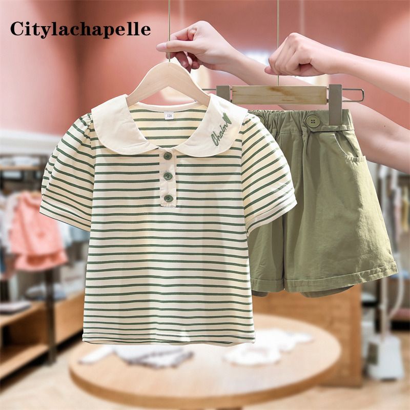 Girls Summer Suit Korean Style 2025 New Kidsren's Doll Collar Short-Sleeved Fashionable Girl Summer Stripesd Two-Piece Set