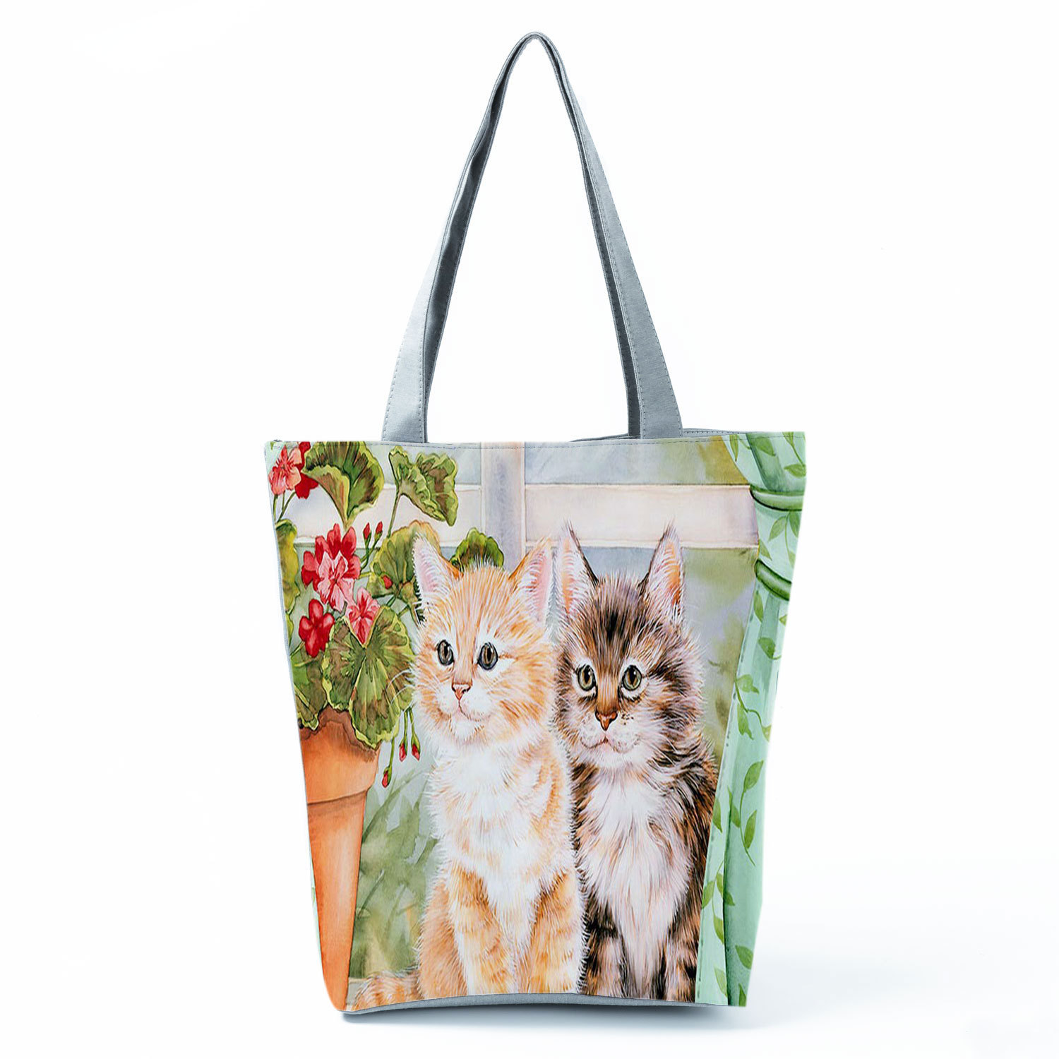 Picture of New cute flower cat printed shoulder bag portable travel storage bag large capacity outdoor tote bag