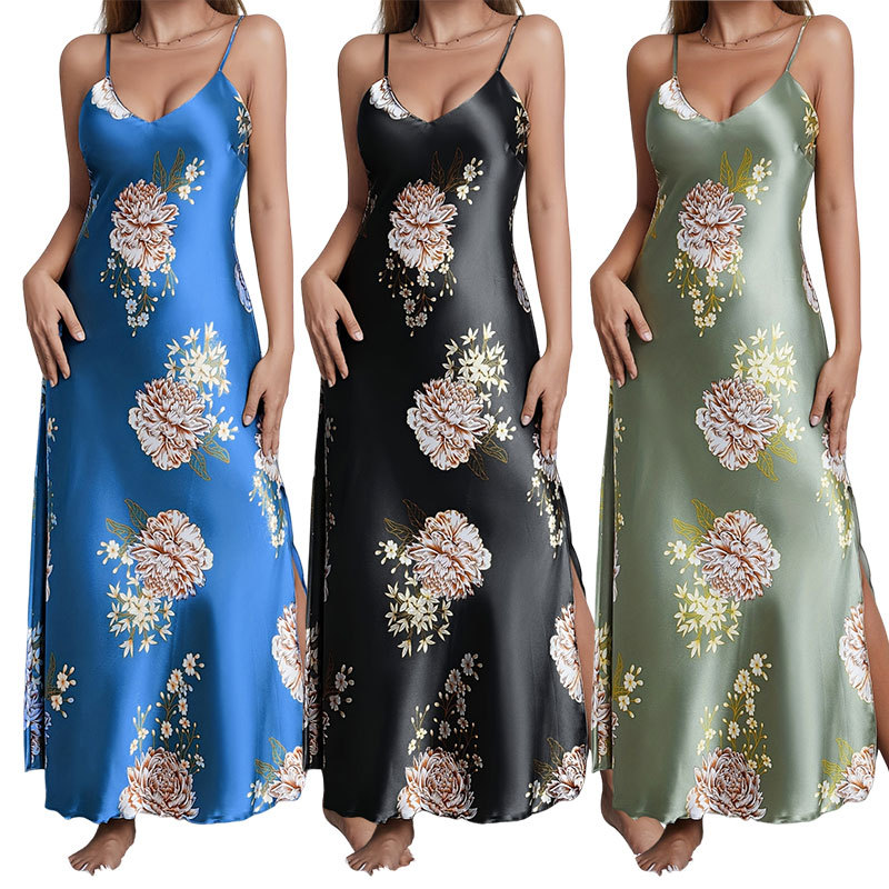 Cross-border European and American Amazon Women's Printed Summer Sleeveless Pajamas Home Clothes Nightgown Women's Casual Sexy Long Dress