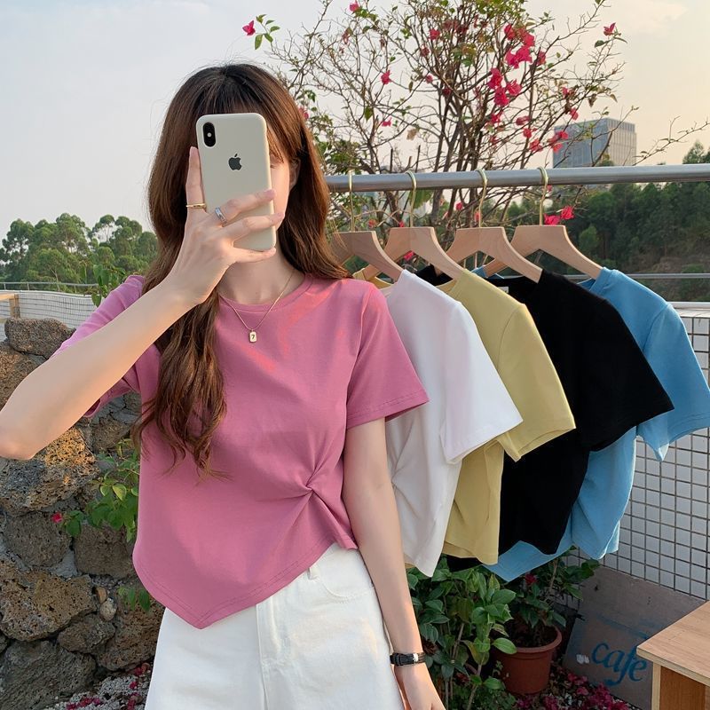 2023 Summer New Korean Style ins Round Neck Irregular Design Short T-shirt Casual Slimming Short-sleeved T-shirt for Women