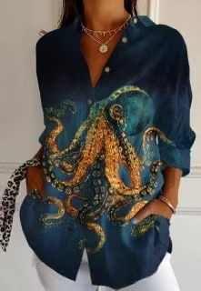 Picture of 2025 New Women's Long Shirt Women's Summer European and American Trend Long Sleeve Shirt Printed Pattern Printed 3D Shirt