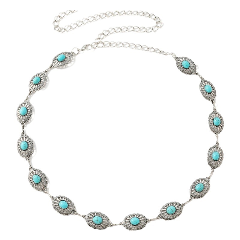 Women's openwork turquoise thin metal waist chain inlaid with pearl bohemian women's belt