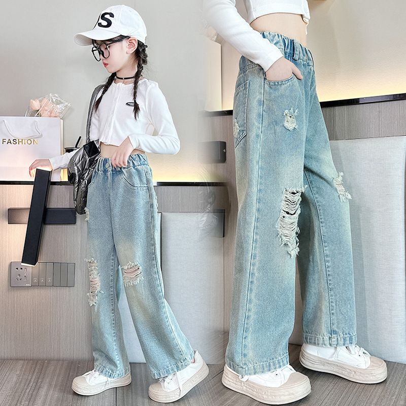 Girls' Ripped Jeans 2025 Autumn New Korean-style Joker Loose Jeans Trendy Wholesale.