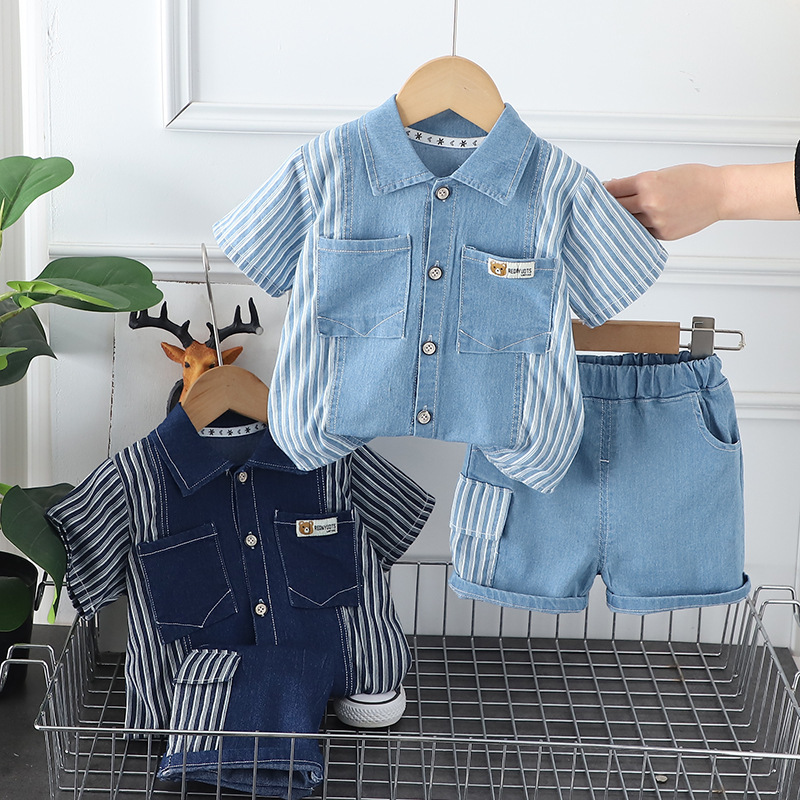 2024 Summer New Foreign Trade Children's Short-sleeved Summer Two-piece Set Boys' Western-style Breathable Thin Denim Shorts Trendy