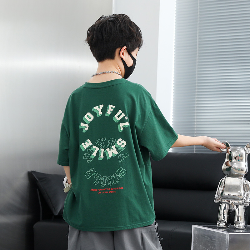Boys' Summer 2023 New Short-sleeved T-shirt Korean Style Children's Cotton Half-sleeved Green Top Fashionable Summer Clothes