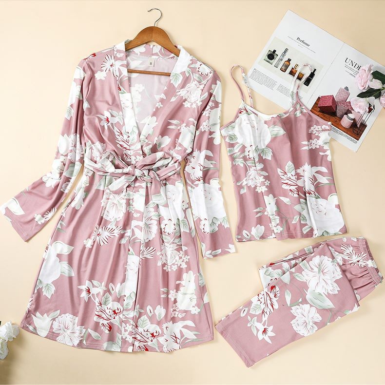 2025 New Cross-Border Home Wear Women's Pajamas Pure Cotton Nightgown Suspender Nightgown Pants Three-Piece Set Amazon