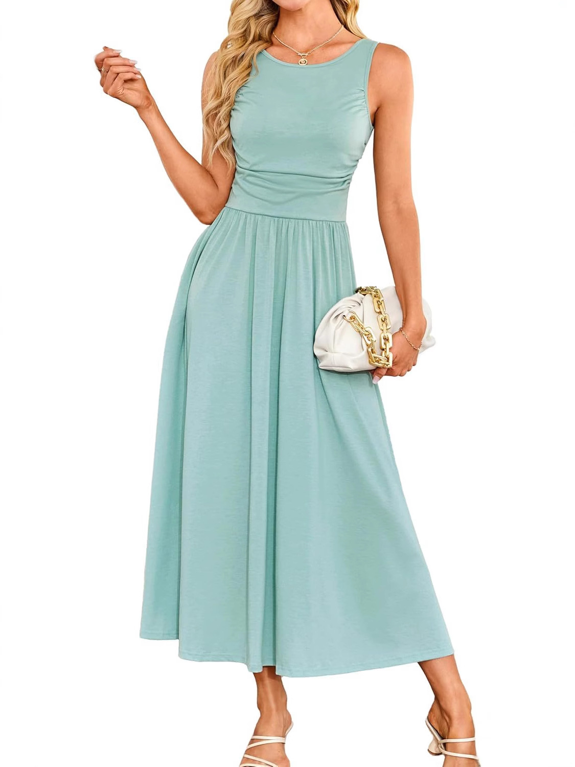 Amazon 2025 Cross-border Summer New Round Neck Sleeveless Casual Pleated Elegant Pocket Solid Color dress