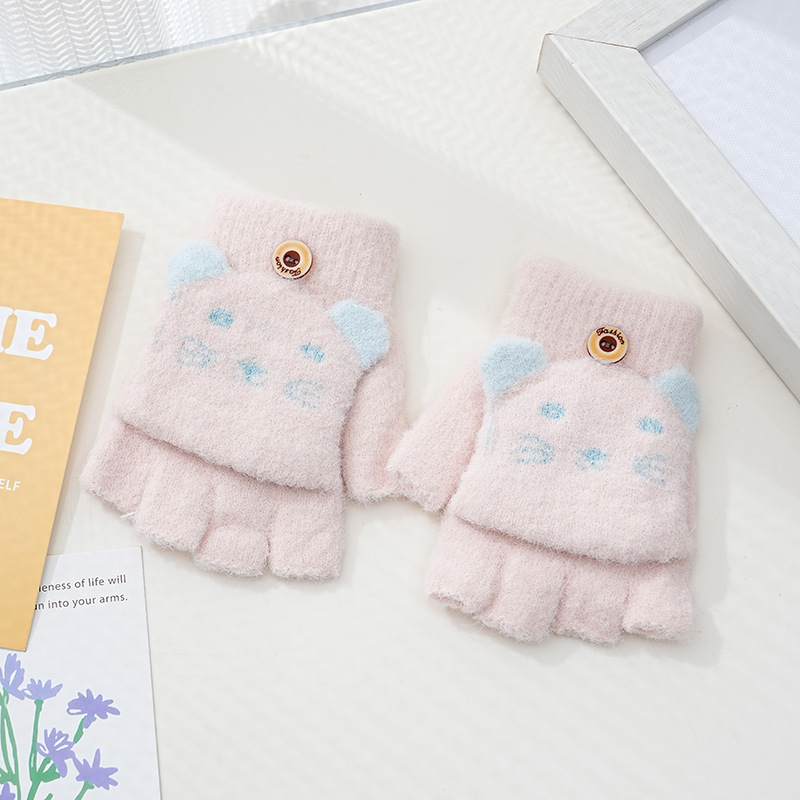 Picture of Children's flip gloves autumn and winter boys half finger warm cute Primary School students writing knitted dual-purpose gloves wholesale