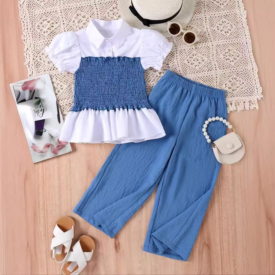 Cross-border Foreign Trade New Summer Children's Wear European and American Fashion Girl's Top Wide Leg Pants Two-piece Suit