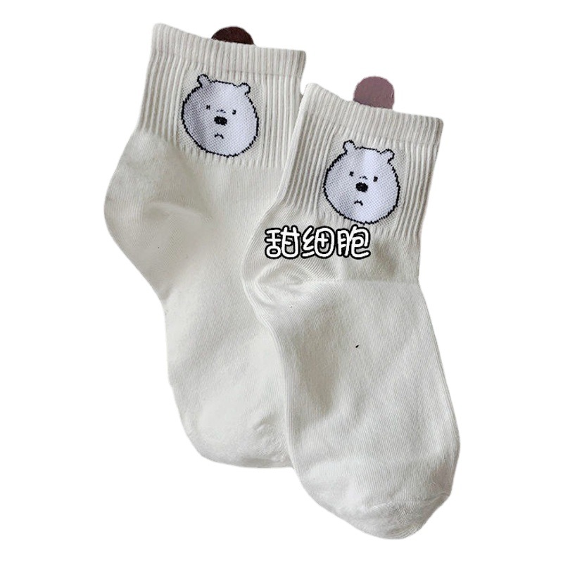 Japanese and Korean Cute Big White Bear Short Socks College Style Men's and Women's Couple Socks Cartoon Printed Socks Simple Sports Casual Socks