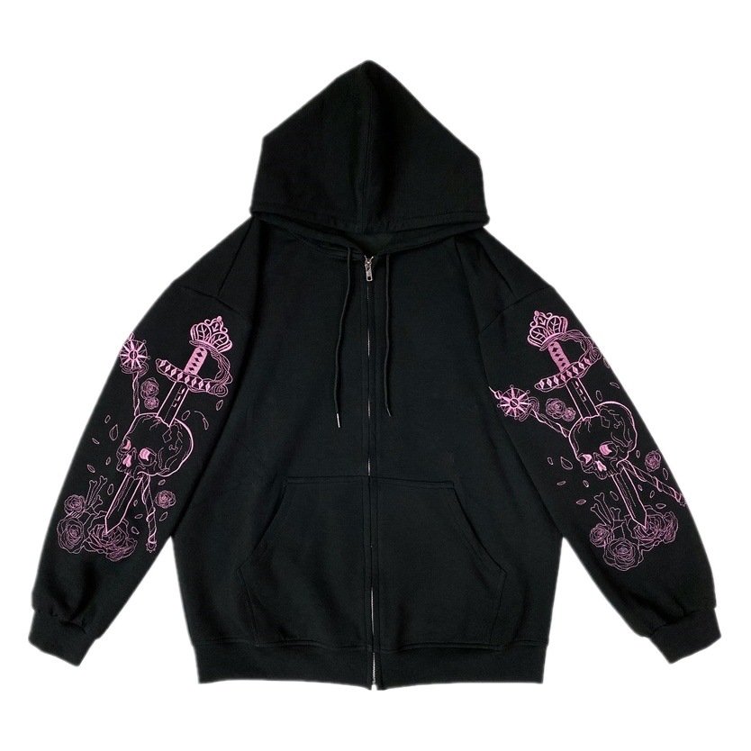 Cross-border Foreign Trade Korean European and American Women's Printed Zipper Hoodie Retro Black Jacket Sweatshirt