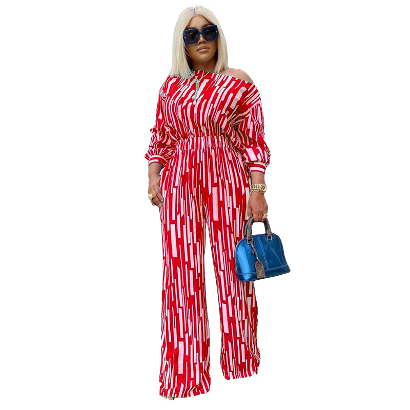Picture of Explosions wish Europe and America 200 Jin plus size Women's Stripe Printed Oblique Long Sleeve Shoulder Loose Fashion Leisure suit Women