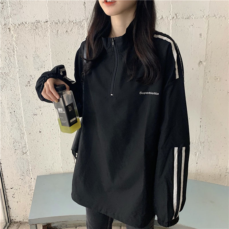 Picture of Cotton Trendy Zip-Up Sweatshirt for Women, Spring and Autumn Thin Style, 2025 New Korean Version, Striped College Style Student Top, Ins