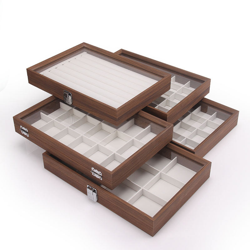 Picture of Fashion walnut grain white leather jewelry box with lid dustproof earrings earrings earrings storage box ring necklace bracelet tray