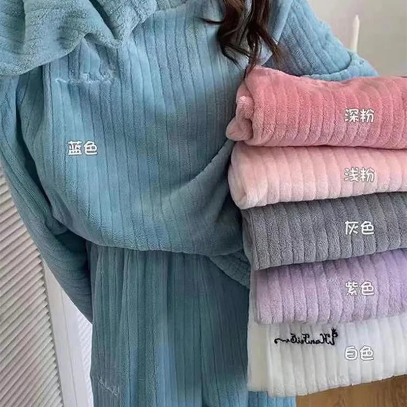 Coral fleece pajamas solid color autumn and winter fleece-lined home wear two-piece set new trendy striped casual warm suit women