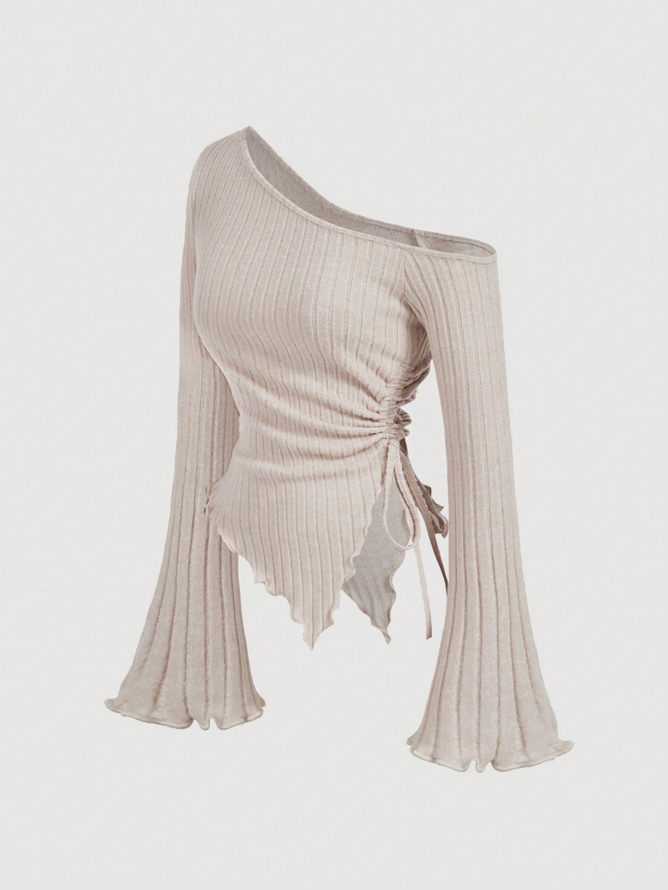 European and American Export Women's Clothing Amazon Women's Bell-Sleeved Off-Shoulder Knitwear Asymmetrical Lace-Up Pit Striped Knitwear
