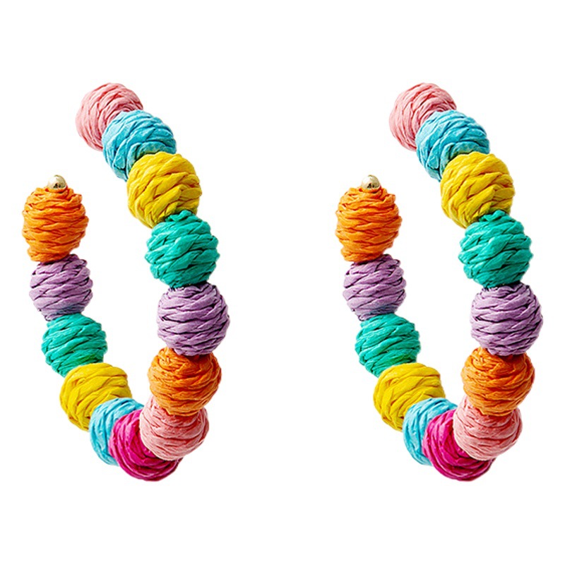 European and American fashion personality Bohemian style colorful handmade raffia grass earrings exaggerated hollow children's interest earrings