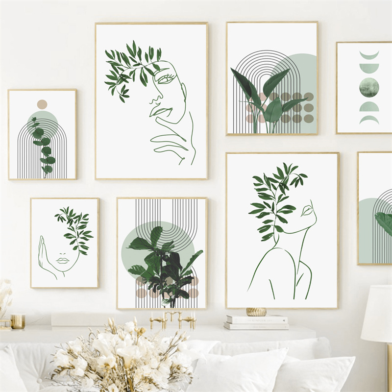 Modern Simple Fresh Abstract Geometric Face Lines Green Leaf Poster Painting Core Home Decoration Painting Art Canvas Painting