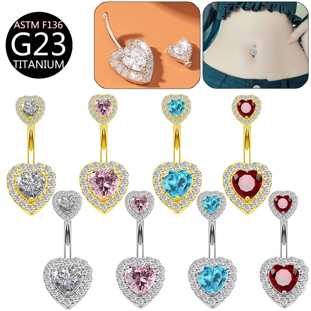F136 Titanium Alloy Navel Ring Heart-Shaped Zircon Navel Ring G23 Piercing Jewelry Heart Navel Ring