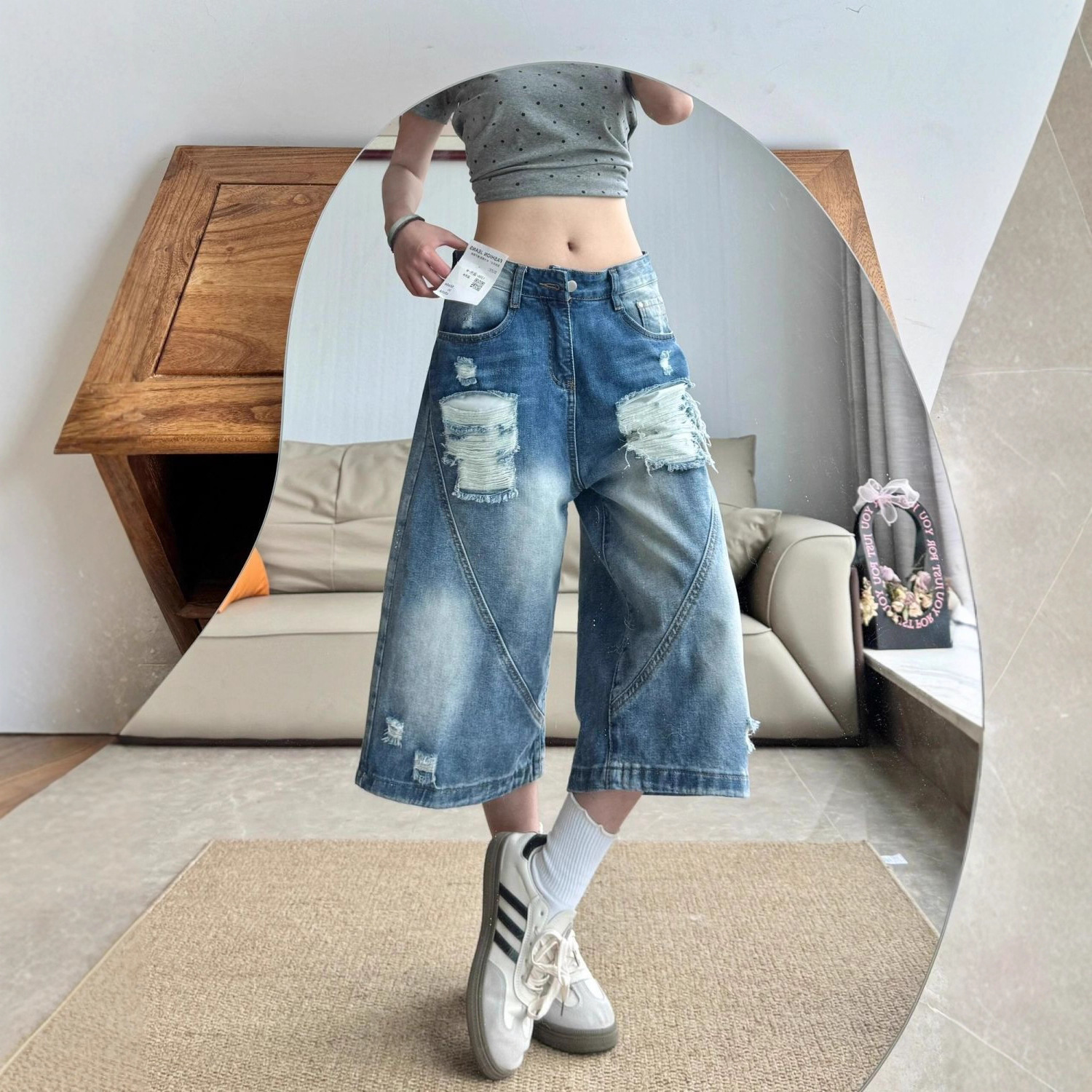 American vibe ripped wide-leg denim shorts women's summer high street design loose high-waisted wide-leg cropped pants