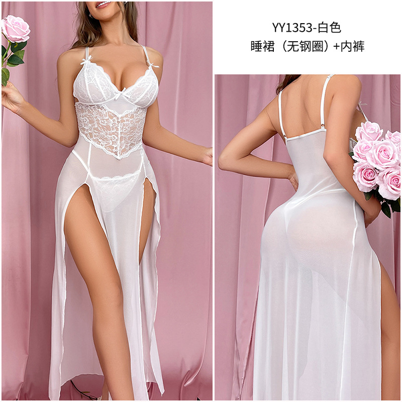 Sexy lingerie nightdress sling deep V-neck triangle cup sexy elegant white slim-fit slit transparent suit dress