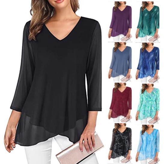 2025 Cross-Border Women's Formal Three-Quarter Sleeve Corset Top Asymmetric Hem Shirt Lightweight Mesh Lace Shirt