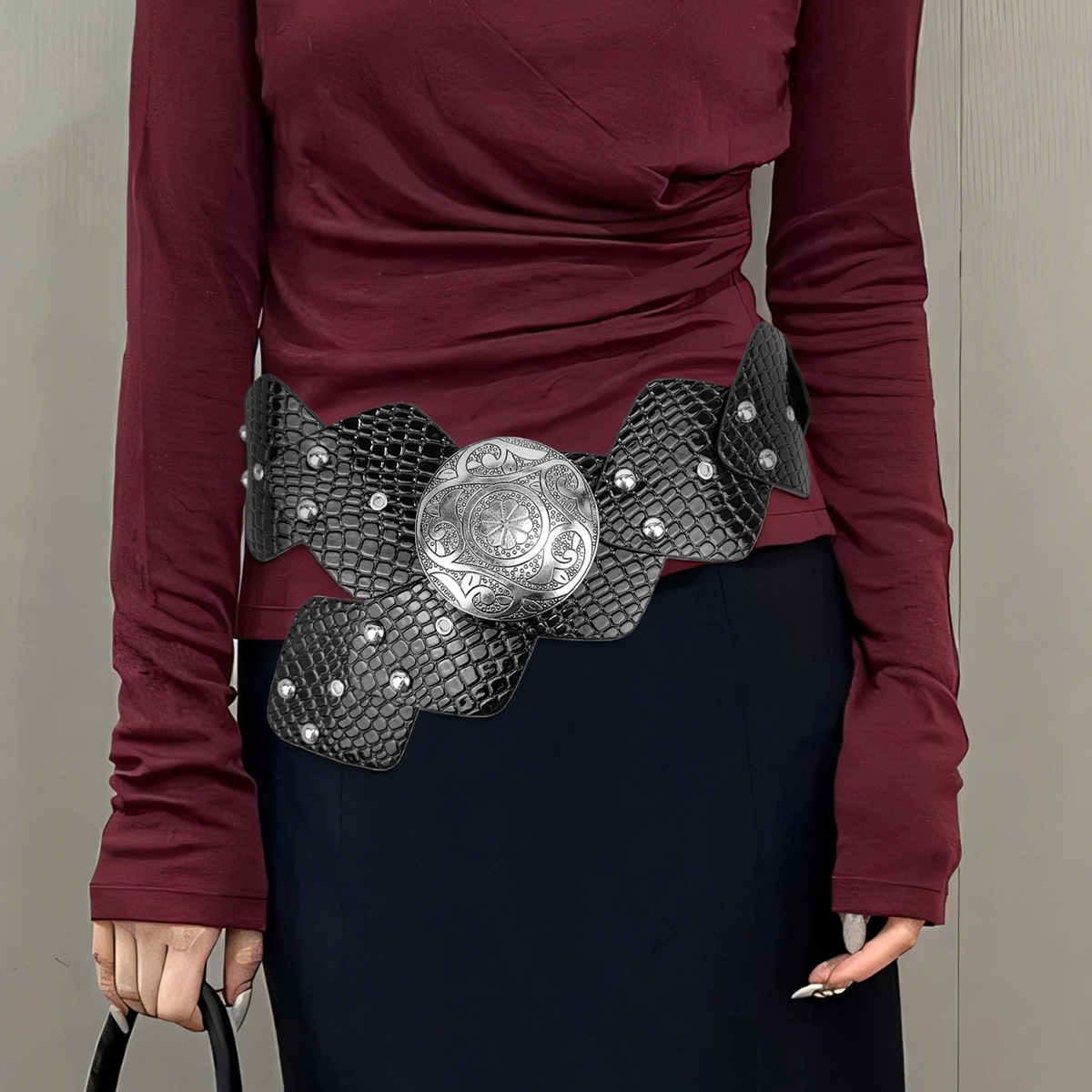 Cross-border Europe and the United States street fashion PU leather stitching waist belt women Anco decorative beaded belt women wholesale