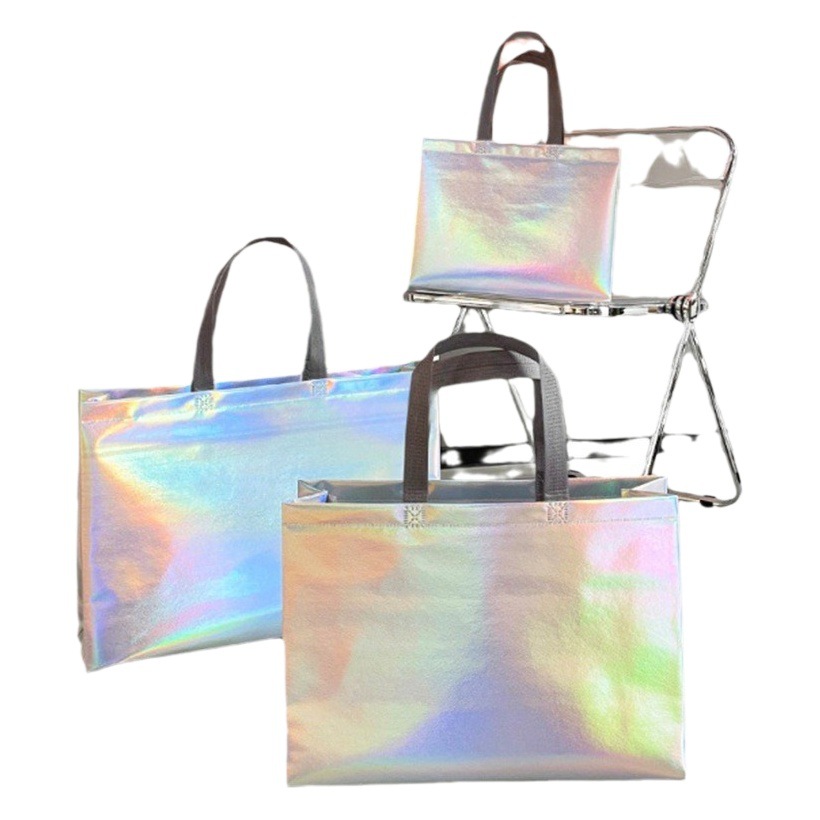 Colorful Laser Long-Handled Non-Woven Bag Handbag with Printed Logo Trendy Brand Packaging Bag Women's Shoe Store Shopping Gift