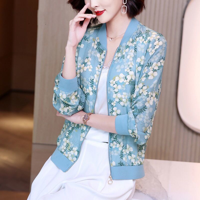 Picture of Floral Chiffon Shirt Summer Long-sleeved Slim-fit Printed Loose Slim-fit Zipper Baseball Suit Coat Fashionable Thin Jacket