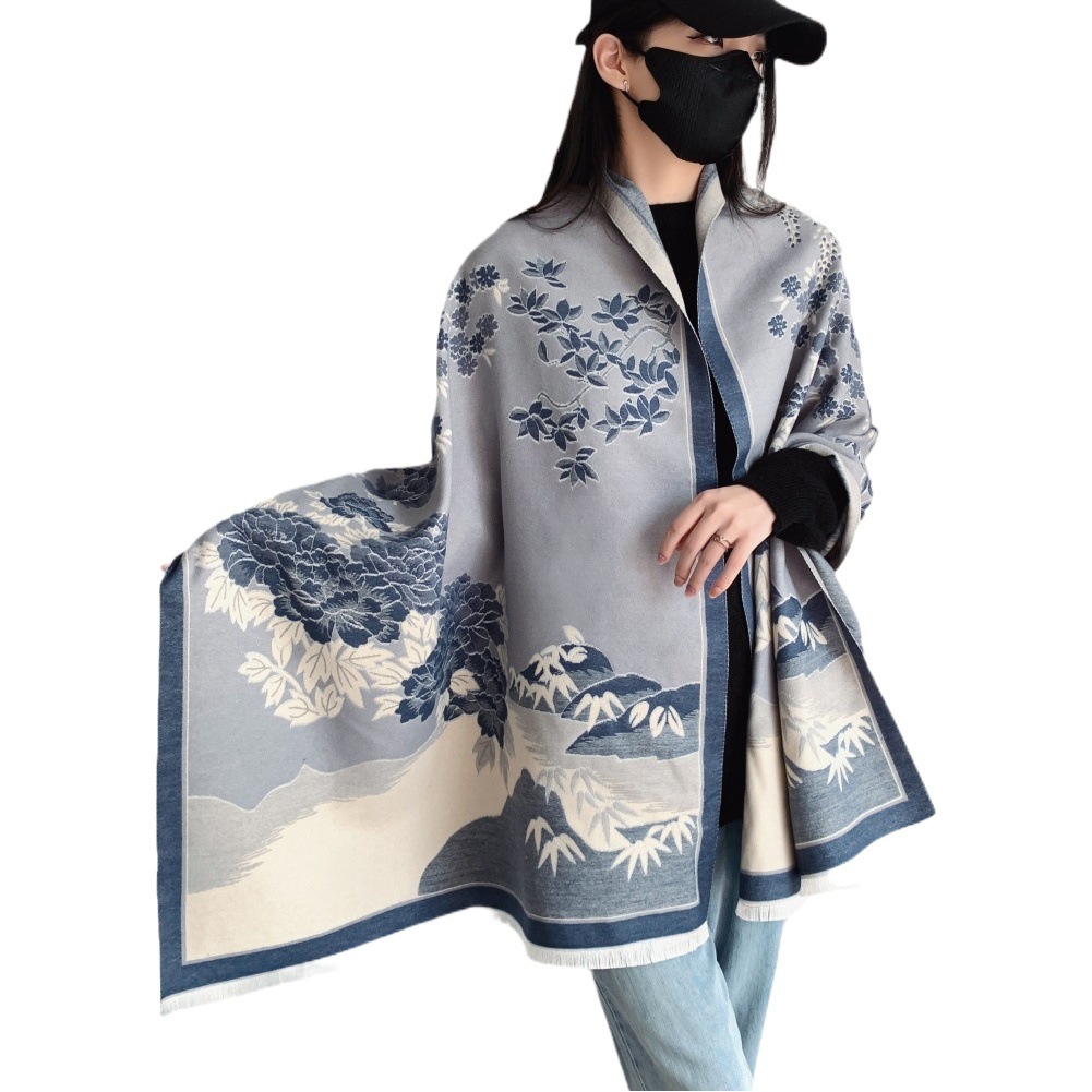 Scarf Women's Winter Ink Painting Scarf Shawl Outlined High-end Cashmere Lady Ins Knitted Warm Air-conditioned Room