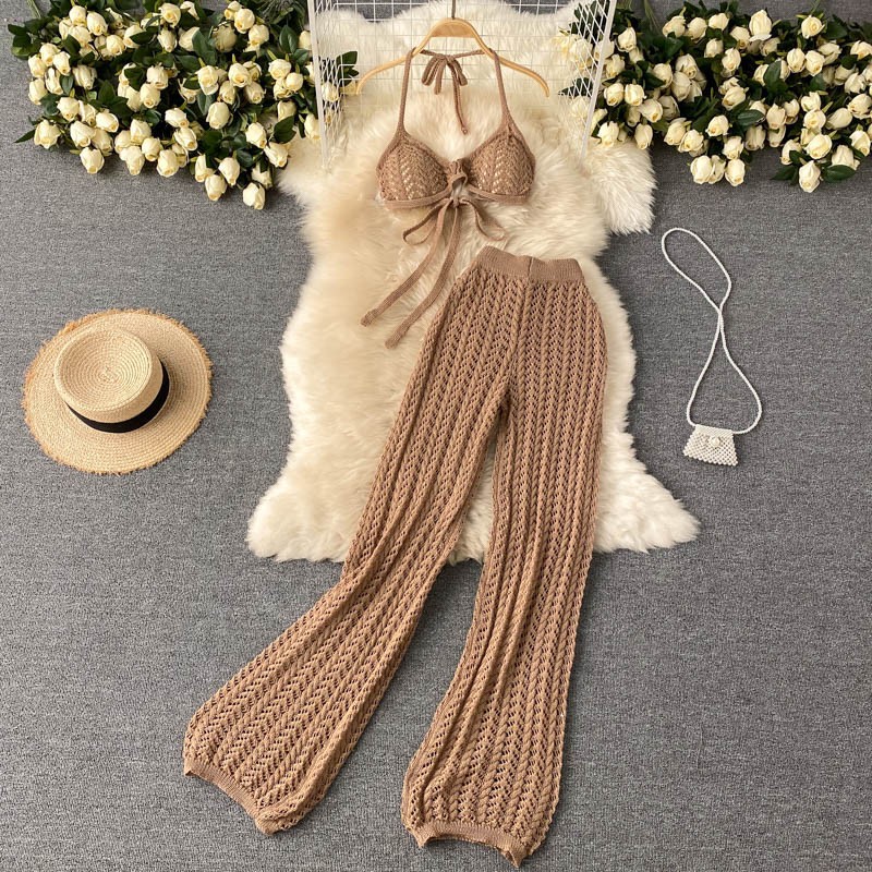 Seaside Holiday suit sexy halter tube top lace-up top hollow knitted wide-leg pants two-piece set