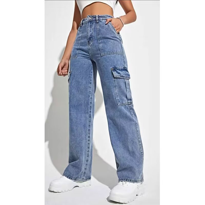 Picture of Foreign Trade Work Jeans for Women 2024 Spring & Fall New Amazon Ebay Hot Selling Multi-Flap Pocket Pants Wide-Leg Casual Pants